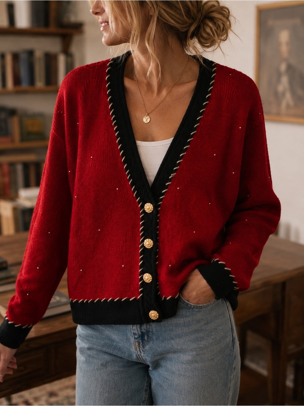 Vintage PBJ Sport Red Holiday Cardigan Green Trim Gold Accents Buttons Medium